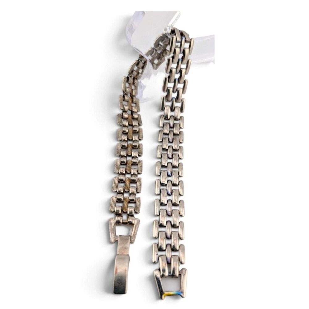 Silver Tone Wide Link Bracelet 7.25" Geometric Articulated Fold Over Clasp